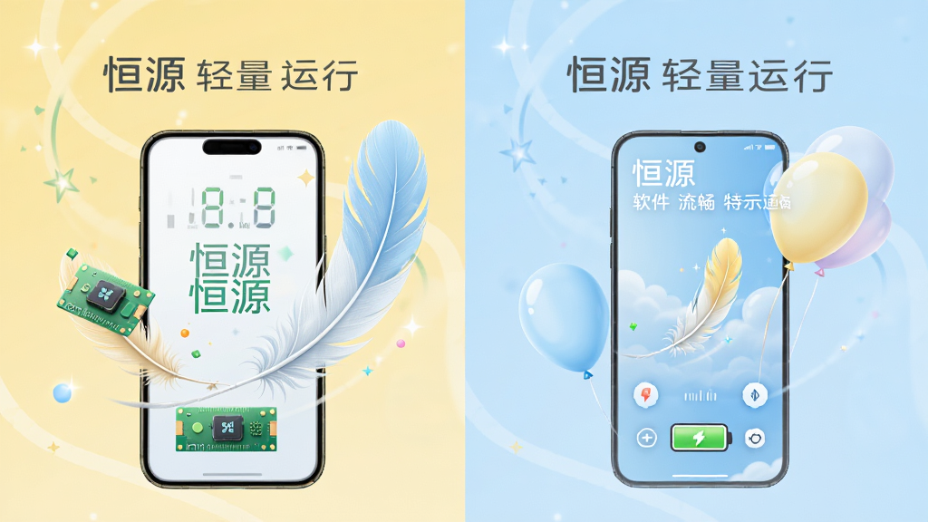 展示「恒源」软件轻量特性的示意图,主体为一部手机与羽毛或气球元素结合,布局为左右对比排版左侧显示资源占用数据右侧显示流畅运行画面,风格为清新浅色系,细节包括内存条图标与电池图标,画质高清干净无多余元素,图中文字包含“恒源 轻量运行”