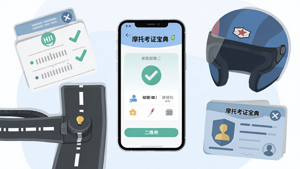 主体是一台智能手机,屏幕显示摩托车驾考刷题界面,布局为居中展示手机与摩托车头盔、驾照元素环绕,排版采用左右平衡构图,风格为清爽扁平化插画,细节包含答题卡、对勾图标与道路标线,画质清晰干净,无多余元素,图片中文字为“摩托考证宝典”