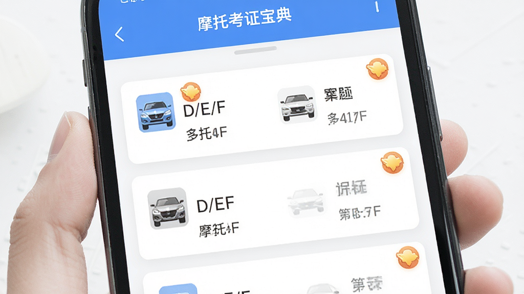 主体是手机屏幕中展示多车型题库列表,布局为上下滚动式题库卡片排列,排版整齐有序,风格为现代教育类App界面,细节包含D/E/F车型图标与题目数量角标,画质高清干净,无多余元素,图片中文字为“摩托考证宝典”