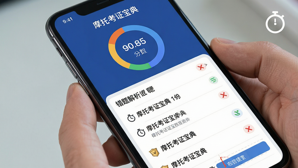 主体是手机界面显示模拟考试成绩单,布局为顶部分数环形图与下方错题解析列表,排版清晰分层,风格为简洁数据可视化界面,细节包含计时器图标与对错标记,画质干净锐利,无多余元素,图片中文字为“摩托考证宝典”