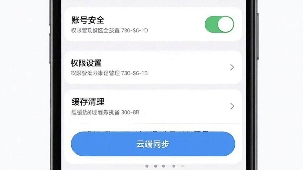 无忧衣橱应用内的设置页面截图,主体为手机屏幕显示权限管理与数据备份选项,布局从上到下依次是账号安全、权限设置、缓存清理、云端同步按钮,排版清晰,风格为浅色极简商务风,细节包括开关按钮、箭头图标、文字说明,画质高清,干净,无多余元素