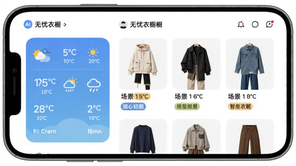 一个虚拟AI助手在手机屏幕前展示三套不同风格的穿搭方案,主体为无忧衣橱应用中的智能推荐页面,布局左侧是天气信息卡片,右侧是搭配预览图,排版上下结构,风格为清新明亮扁平插画风,细节包括温度图标、衣物搭配缩略图、场景标签,画质高清,干净,无多余元素