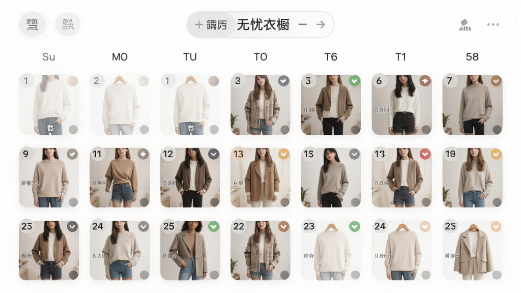 无忧衣橱应用内的穿搭日历界面,主体为月历视图,布局上方是月份切换栏,中部是日期格子,每个格子内显示当天穿搭缩略图,排版整齐,风格为柔和圆角卡片式设计,细节包括穿着次数统计小图标、颜色标记,画质高清,干净,无多余元素
