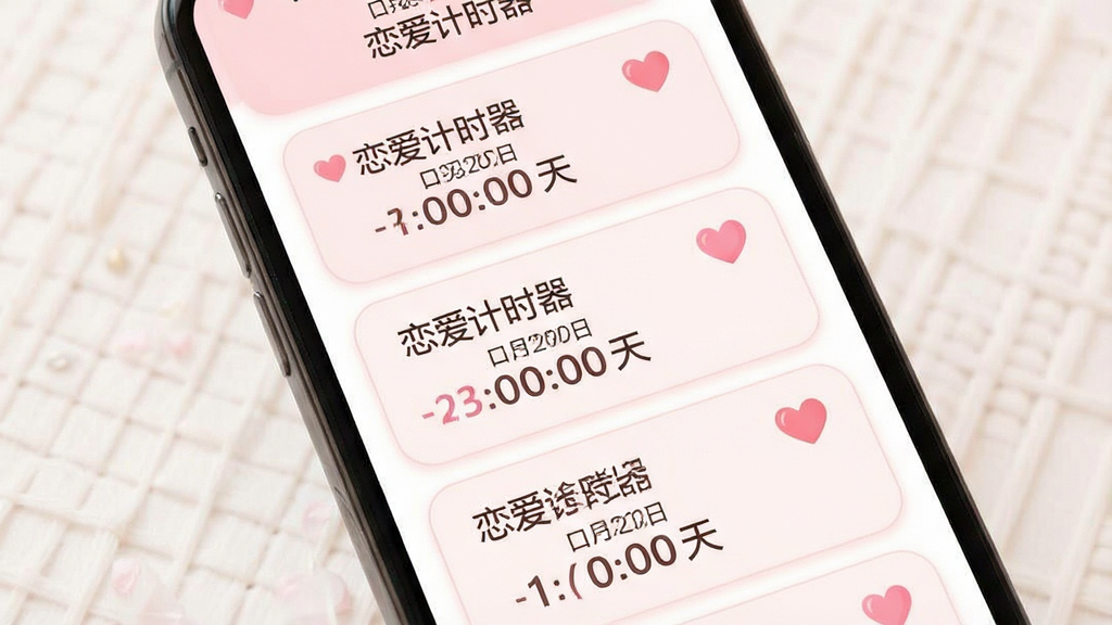 一张恋爱计时器软件功能展示图,主体为手机屏幕,屏幕中显示多个纪念日卡片纵向排列,每张卡片包含事件名称、日期和倒计时天数,布局清晰有序,风格温馨简约,细节包括粉色系配色、圆角卡片设计和爱心装饰元素,画质高清干净,画面中文字包含“恋爱计时器”和“纪念日”