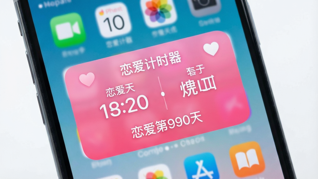 一张手机桌面展示图,主体为手机主屏幕,桌面上放置了恋爱计时器的小组件,小组件中显示恋爱天数和情侣名字,布局为居中放置,风格甜美清新,细节包括粉色渐变小组件背景、白色字体和爱心图标,画质高清干净,画面中文字包含“恋爱计时器”和“恋爱第990天”