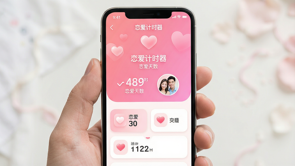 一张温馨浪漫的情侣主题手机应用界面展示图,主体为一部智能手机,屏幕中央显示恋爱计时器软件的主界面,界面中清晰呈现恋爱天数、纪念日倒计时和情侣头像,布局采用上下结构,上方为粉色渐变背景和爱心图标,下方为功能卡片列表,整体风格清新甜美,细节包括柔和的圆角图标、淡粉色与白色搭配的配色方案,画质高清干净,无多余元素,画面中文字包含“恋爱计时器”和“恋爱天数”