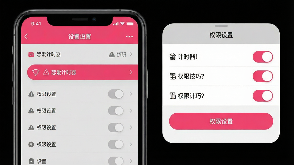 一张恋爱计时器使用技巧示意图,主体为手机屏幕和桌面小组件,屏幕中显示应用设置页面和权限管理选项,布局为左右分栏,左侧为设置菜单,右侧为权限开关,风格清晰直观,细节包括粉色高亮按钮、灰色背景和提示图标,画质高清干净,画面中文字包含“恋爱计时器”和“权限设置”