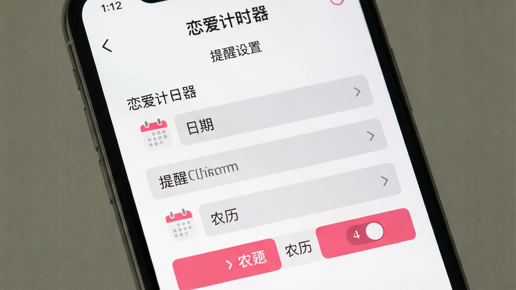 一张恋爱计时器提醒功能界面图,主体为手机屏幕,屏幕中显示纪念日提醒设置页面,包含日期选择、提醒时间选项和农历切换按钮,布局为表单式排列,风格简洁明了,细节包括粉色按钮、灰色输入框和日历图标,画质高清干净,画面中文字包含“恋爱计时器”和“提醒设置”