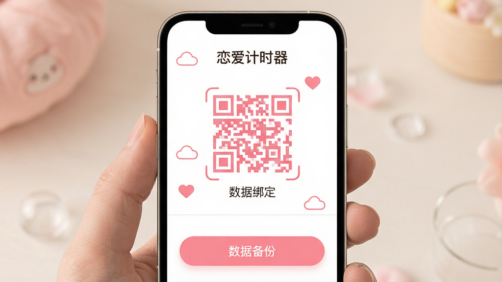 一张恋爱计时器情侣绑定与数据备份界面图,主体为手机屏幕,屏幕中显示情侣绑定二维码和数据备份选项,布局为上下分区,上方为二维码区域,下方为备份按钮,风格柔和温馨,细节包括粉色二维码、白色背景和云朵图标,画质高清干净,画面中文字包含“恋爱计时器”和“数据备份”