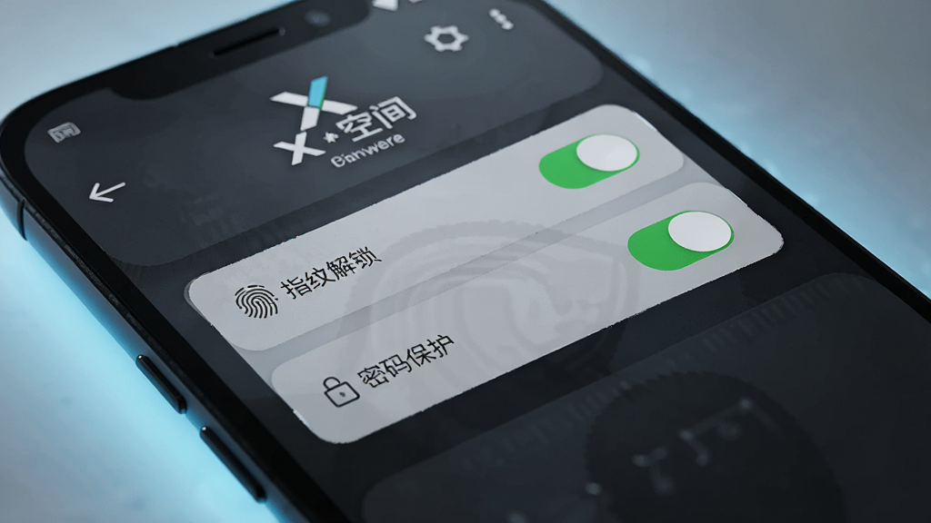 一部安卓手机正面特写,屏幕显示X空间的安全设置页面,页面中有