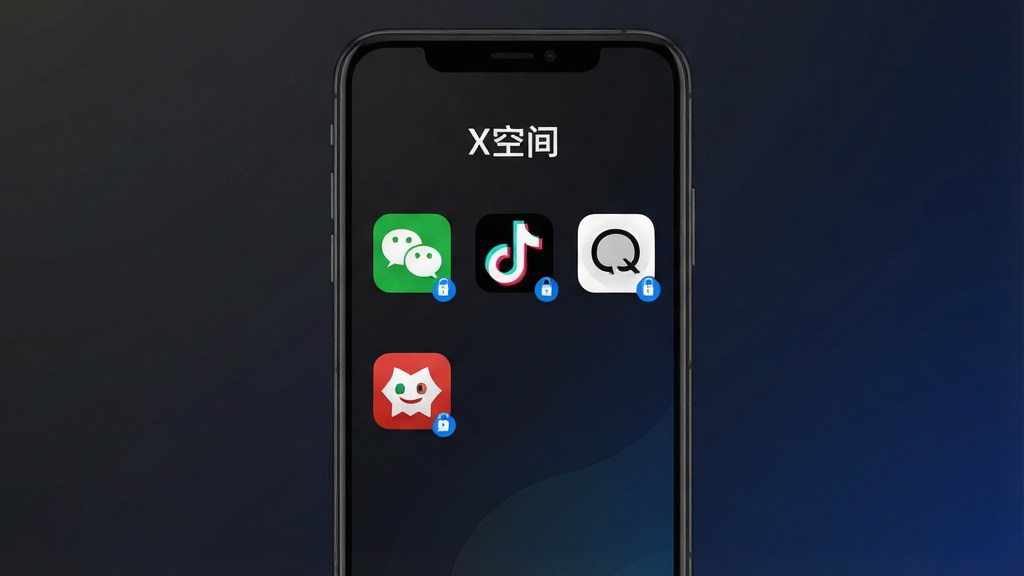 一张展示X空间应用主界面的手机截图风格图片,画面中央是一部竖屏安卓手机,屏幕内显示X空间的深色主题界面,界面顶部有