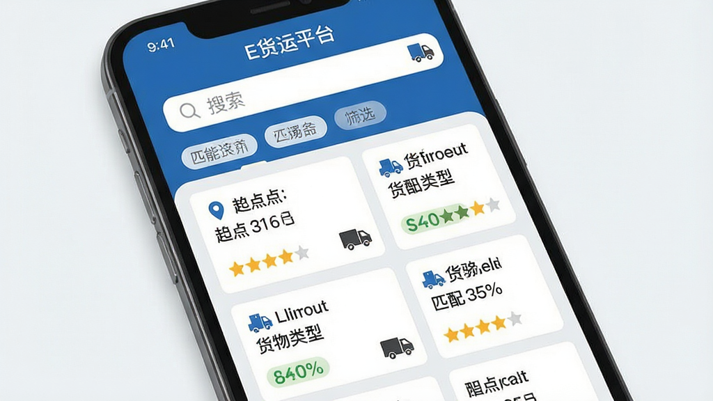 一幅展示E货运平台智能匹配功能的生图。主体为手机屏幕显示“E货运平台”的智能推荐货源页面,页面中有多条货源卡片,每条卡片带有起点终点、货物类型和匹配度百分比。布局为上下结构,上方是搜索栏和筛选标签,下方是卡片列表。排版整齐,卡片之间有浅灰色分割线。风格为现代UI界面展示图,细节包括定位图标、货车图标和星级评分。画质清晰,画面干净,无多余元素。