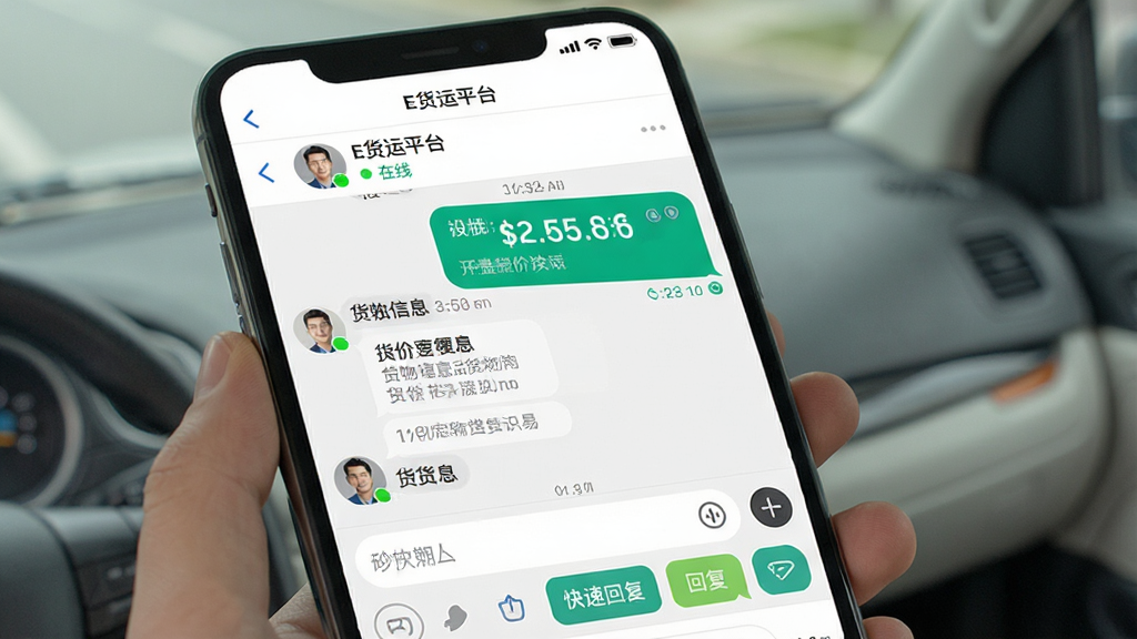 一幅展示E货运平台在线沟通与报价功能的生图。主体为手机屏幕显示“E货运平台”的聊天界面,右侧是司机发送的报价气泡,左侧是货主发送的货物信息。布局为上下结构,顶部显示对方昵称和在线状态,底部是输入框和快捷回复按钮。排版清晰,气泡颜色区分明显。风格为社交软件聊天界面风格,细节包括时间戳、已读标记和报价金额高亮。画质清晰,画面干净,无多余元素。