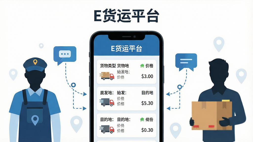 一幅展示E货运平台核心功能的生图。主体为一部智能手机,屏幕中显示“E货运平台”的货源列表界面,包含货物类型、始发地、目的地和价格信息。布局采用居中构图,手机两侧分别有货车司机和货主的人物剪影,通过虚线连接形成信息交互感。排版简洁,顶部有“E货运平台”文字标识。风格为扁平化科技插画,细节包括地图定位图标、消息气泡和货车元素。画质清晰,画面干净,无多余元素。