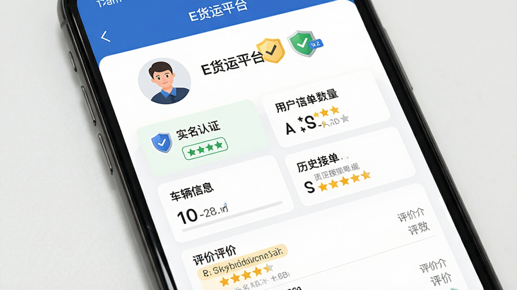 一幅展示E货运平台司机认证与信用体系的生图。主体为手机屏幕显示“E货运平台”的司机个人主页,页面中有实名认证标识、车辆信息、历史接单数量和用户评价星级。布局为上下结构,上方是头像和认证徽章,中部是数据统计卡片,下方是评价列表。排版整洁,信息层级分明。风格为个人主页UI展示图,细节包括盾牌认证图标、五角星评分和文字标签。画质清晰,画面干净,无多余元素。
