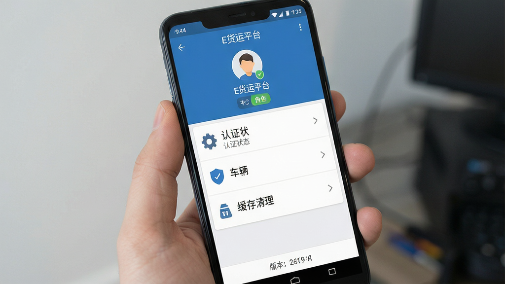 一幅展示E货运平台移动端使用技巧的生图。主体为一部安卓手机,屏幕中显示“E货运平台”的个人中心页面,页面中有认证状态、车辆管理和缓存清理选项。布局为上下结构,上方是用户头像和角色标签,中部是功能列表,下方是版本信息。排版清晰,图标统一。风格为手机设置界面展示图,细节包括齿轮图标、盾牌图标和箭头指示。画质清晰,画面干净,无多余元素。