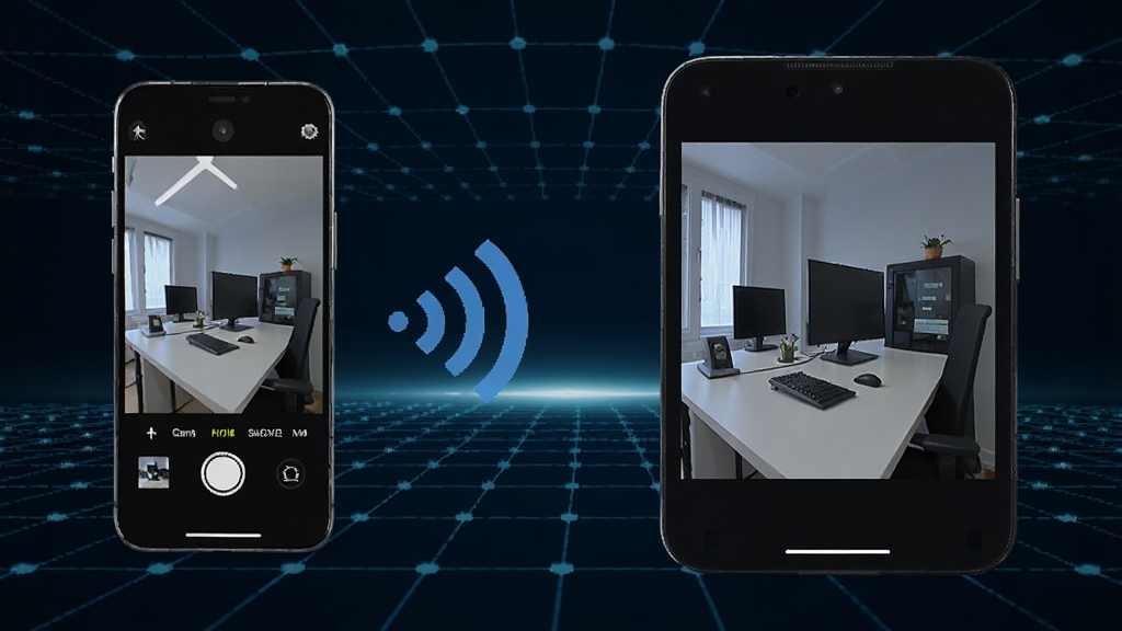 Camera Monitor软件功能展示图,画面中一台手机显示相机端界面,另一台设备显示监控端实时画面,中间用无线信号图标连接,背景为科技感网格,风格现代简洁,画质高清,干净无多余元素