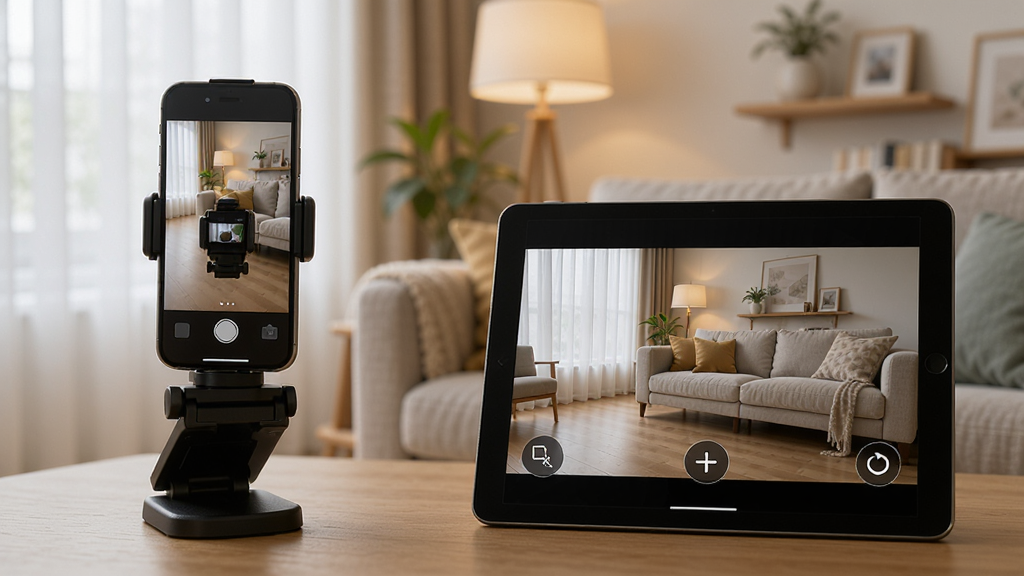 Camera Monitor软件在平板电脑上显示远程相机实时画面的场景图,一台手机作为相机端放置在支架上,平板电脑屏幕上清晰展示着远程传输过来的实时取景画面,画面中包含缩放和旋转控制图标,背景为温馨的家居环境,风格写实,光线柔和,画质高清,干净无多余元素