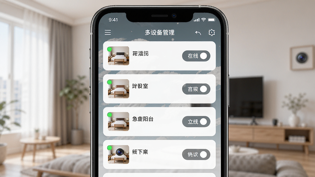 Camera Monitor多设备管理界面示意图,手机屏幕上显示设备列表,包含客厅、卧室、阳台等多个相机节点,每个节点有在线状态指示灯和快速切换按钮,界面采用卡片式布局,风格清新简约,画质高清,干净无多余元素
