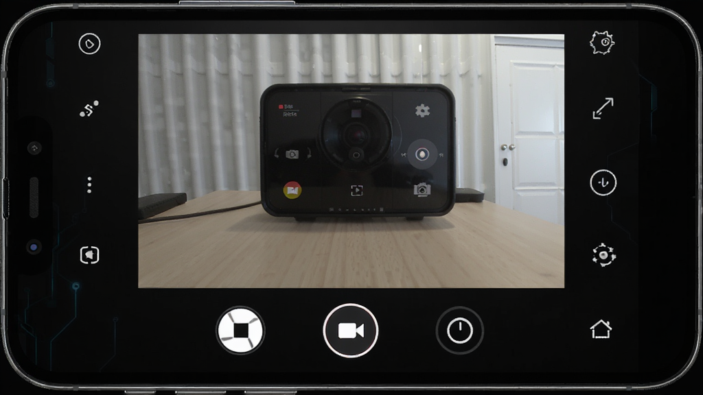Camera Monitor安卓版主界面截图,手机屏幕显示实时相机预览画面,下方排列着快门、录像、定时拍摄等控制按钮,背景为深色科技风格,画面清晰干净,整体布局简洁直观,风格为现代移动应用UI设计,细节丰富,画质高清,干净无多余元素
