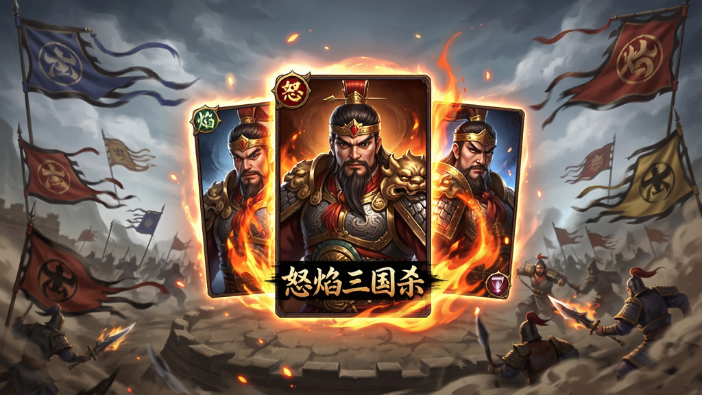 主体是一张怒焰三国杀安卓版游戏主界面截图风格插画,布局为中央展示三国武将卡牌与怒气火焰特效,四周环绕阵营旗帜与战斗场景,排版采用横版游戏启动页构图,风格为写实国风加炫光特效,细节包含武将铠甲纹理、卡牌文字“怒焰三国杀”、火焰粒子与战场烟尘,画质高清、干净、无多余元素