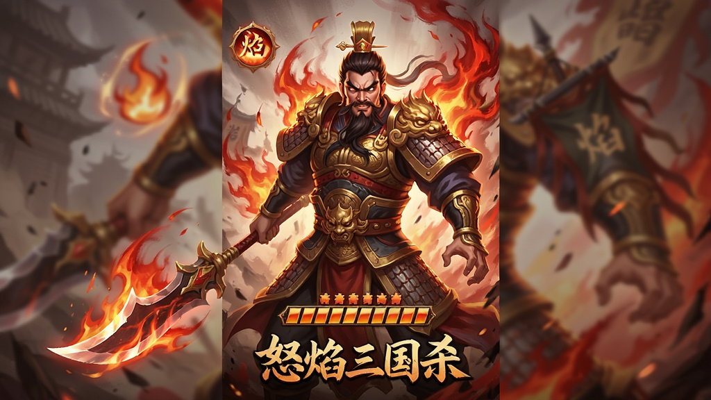主体是怒焰三国杀游戏中的怒气爆发瞬间,布局为一名三国武将全身像居中,周围环绕红色怒气火焰与技能光效,排版为竖版卡牌宣传图,风格为热血国风数字绘画,细节包含武将表情、武器、怒气槽满格图标、文字“怒焰三国杀”,画质高清、干净、无多余元素