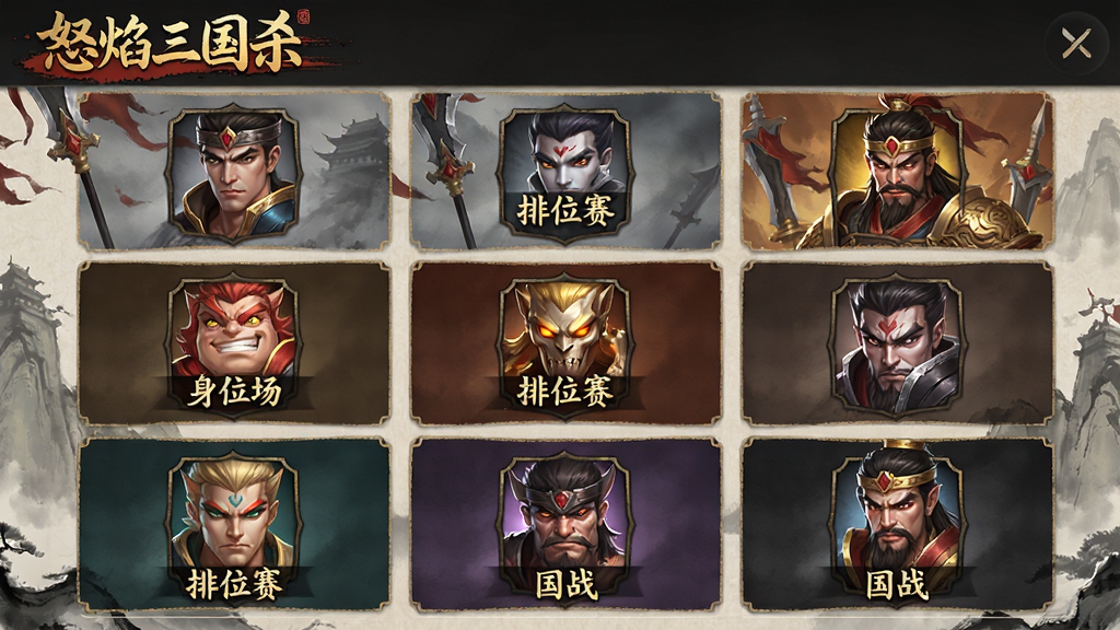 主体是怒焰三国杀多种对战模式选择界面,布局为九宫格模式入口排列,排版为手机游戏大厅截图风格,风格为简洁国风UI,细节包含身份场、排位赛、国战等图标与“怒焰三国杀”标题,画质高清、干净、无多余元素