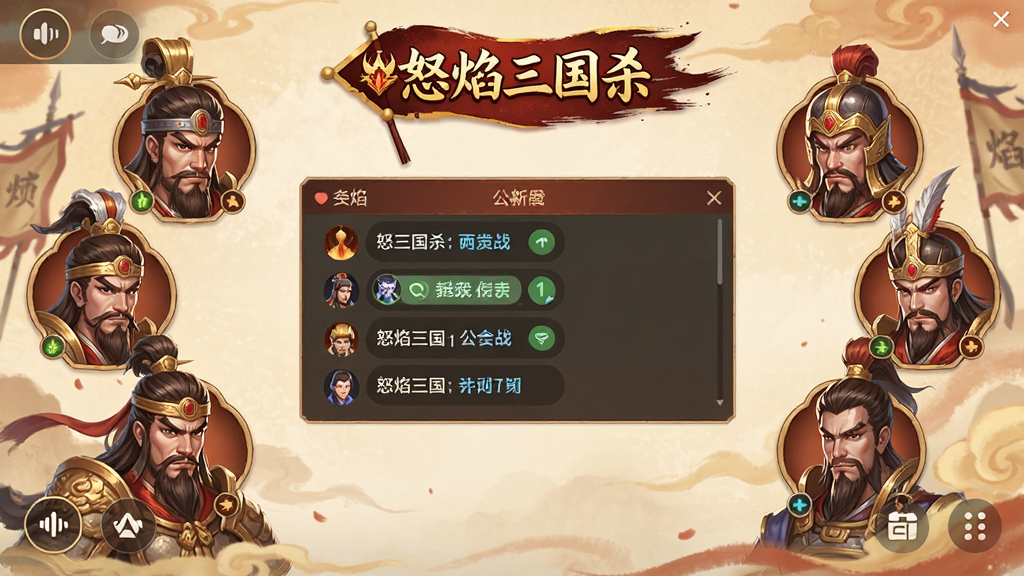 主体是怒焰三国杀公会战社交场景,布局为多名武将头像环绕中央聊天框,排版为手游社交界面截图风格,风格为暖色国风,细节包含语音按钮、公会旗帜、文字“怒焰三国杀”,画质高清、干净、无多余元素