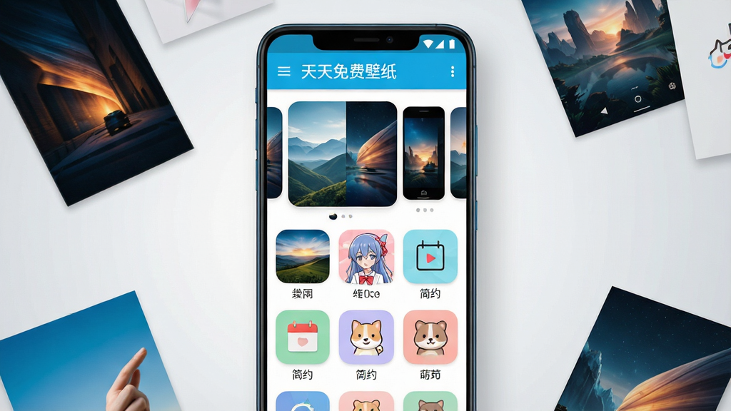 一部安卓手机屏幕中央展示着“天天免费壁纸”应用界面,界面采用卡片式布局,上方轮播展示多张高清壁纸缩略图,下方网格排列风景、动漫、简约、萌宠等分类图标,整体色调清新明快,手机周围散落几张高清壁纸小图作为点缀,背景为浅灰色渐变,风格简洁现代,细节清晰,画质高清,干净无多余元素
