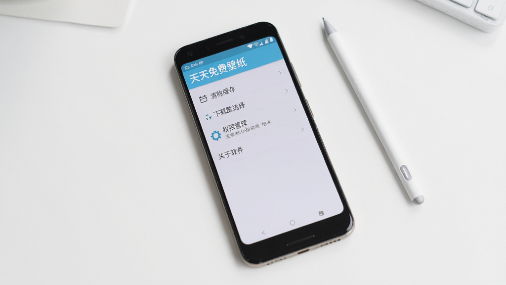 一部安卓手机屏幕展示“天天免费壁纸”应用的设置页面,页面中包含清除缓存、下载路径选择、权限管理、关于软件等选项,界面采用列表式布局,配色淡雅,手机放置于白色桌面上,旁边有一支触控笔,整体画面干净利落,画质高清,无多余元素