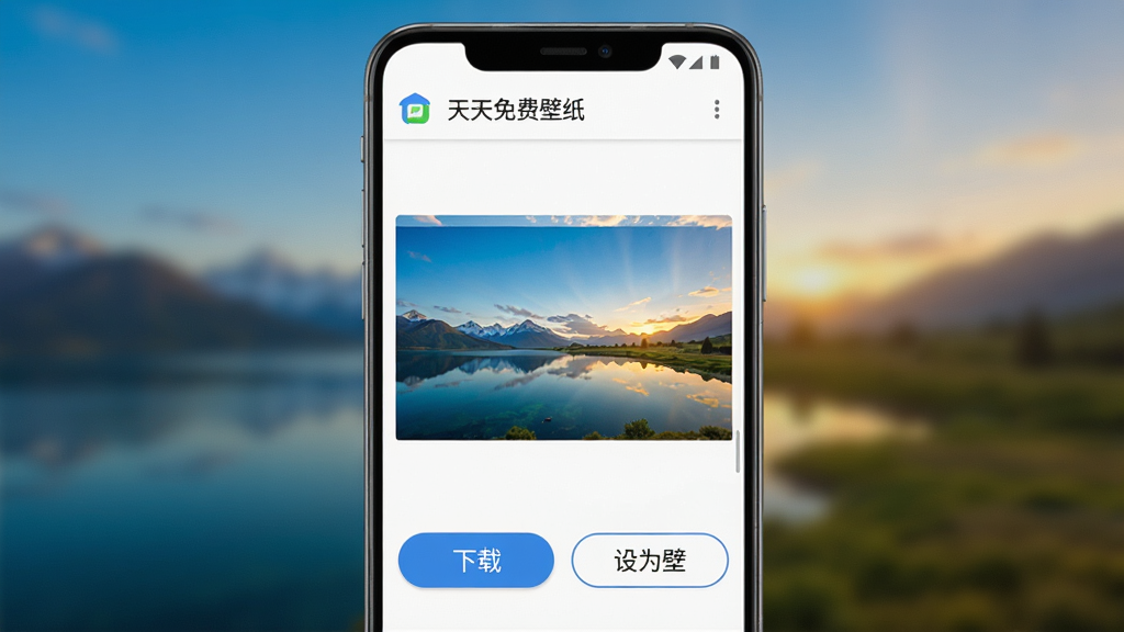一部安卓手机显示“天天免费壁纸”应用的壁纸详情页面,页面中央是一张高清风景壁纸预览图,下方有醒目的下载按钮和设为壁纸按钮,界面简洁直观,手机屏幕色彩饱满,背景为模糊的壁纸虚化效果,整体风格现代简约,画质高清,干净无多余元素