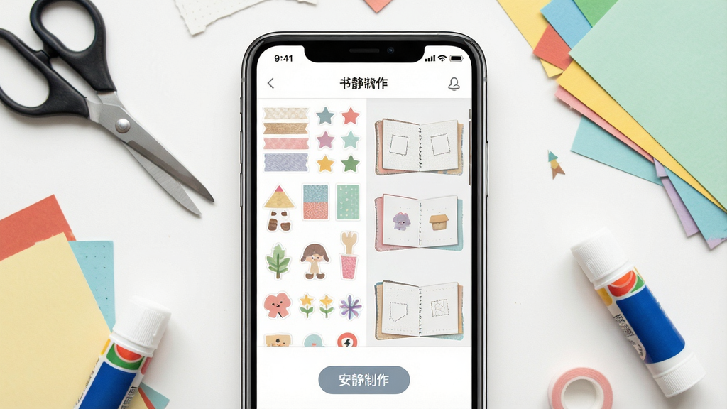 一张展示沉浸安静书DIY软件主界面的图片,画面中央是手机屏幕,屏幕内显示色彩柔和的手账贴纸素材库和安静书制作模板,周围散落着剪刀、胶棒、彩色卡纸等手工元素,整体布局为居中构图,风格清新可爱,细节包括贴纸纹理、纸张质感、按钮图标,画质高清,干净整洁,无多余元素