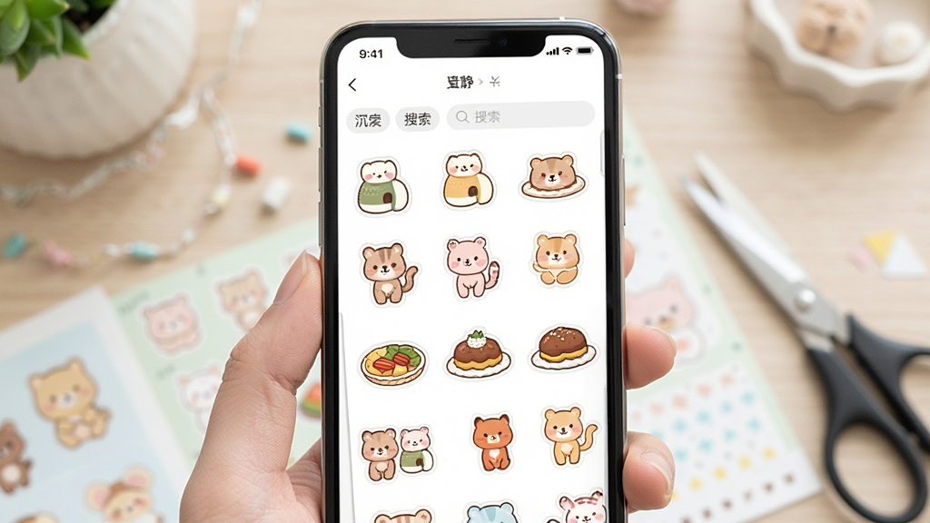 一张展示沉浸安静书DIY素材库界面的图片,画面主体是手机屏幕,屏幕内呈现分类整齐的贴纸素材网格,包含小麻薯、卡通动物、食物等图案,布局为上下滑动浏览样式,风格清新明快,细节包括素材缩略图、分类标签、搜索框,画质清晰,干净无杂乱元素