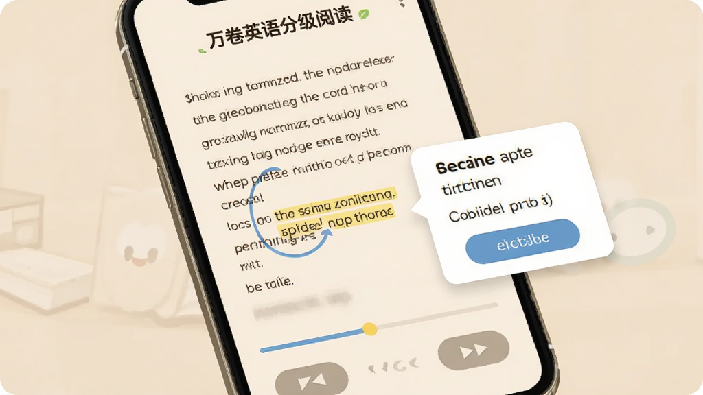 万卷英语分级阅读界面,手机屏幕显示一本书的阅读页面,英文段落中高亮显示一个生词,旁边弹出小卡片展示释义和发音按钮,页面底部有阅读进度条和翻页按钮,背景为浅米色护眼模式,风格柔和,细节清晰,画质干净,无多余元素