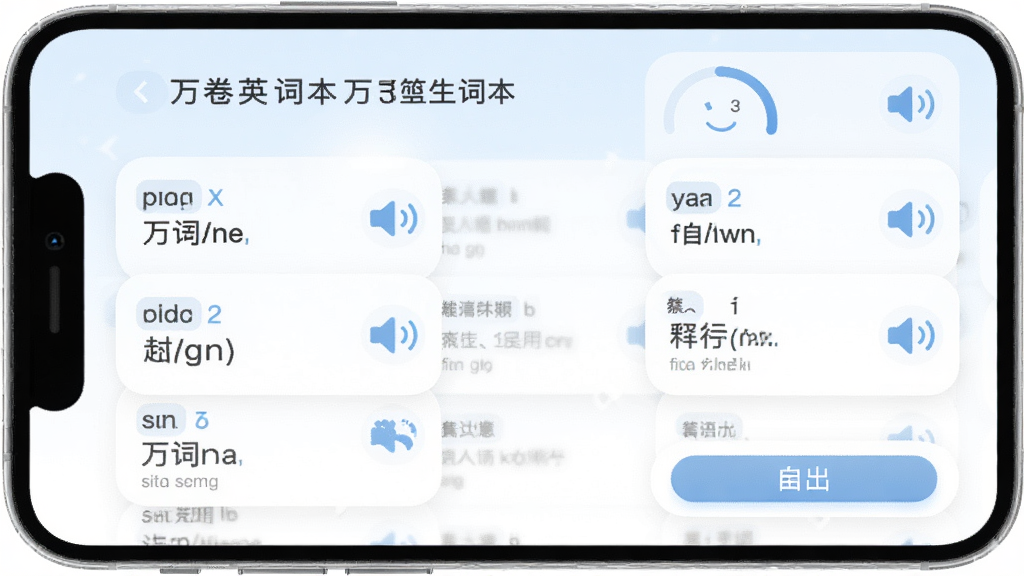 万卷英语生词本界面,手机屏幕显示生词列表,每个词条包含单词、音标、释义和一个小喇叭图标,顶部有复习计划进度环,底部有导出按钮,界面采用卡片式设计,圆角柔和,配色以浅蓝和白色为主,画质清晰,干净,无多余元素
