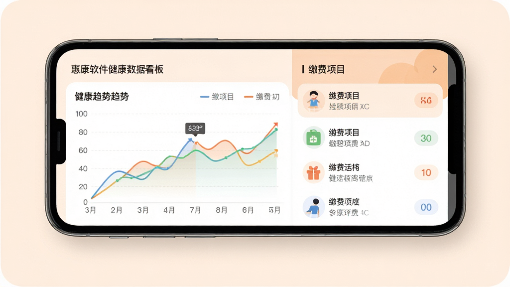 惠康软件健康数据看板与生活缴费页面组合展示,手机屏幕左侧显示健康趋势折线图,右侧显示缴费项目列表,界面配色柔和,数据图表清晰,风格专业且温馨,画质干净,无多余元素