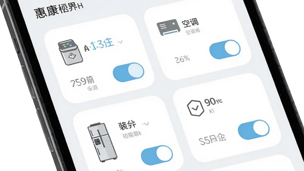 惠康软件家电控制界面截图,画面展示手机屏幕内多个家电卡片,分别显示制冰机、空调、冰箱的运行状态和快捷开关,界面采用圆角卡片设计,浅色背景,图标清晰,风格现代简约,画质干净,无多余元素