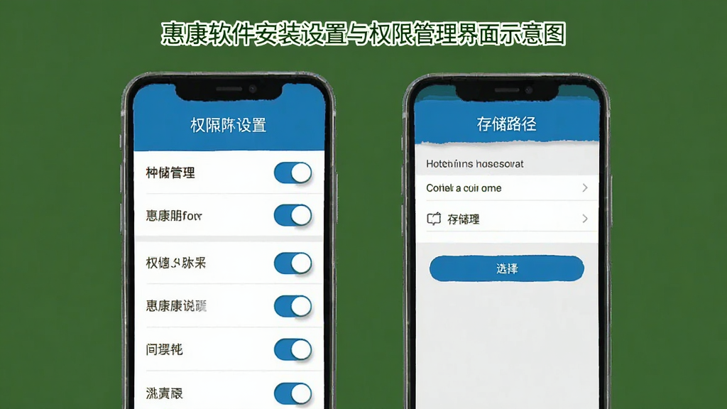 惠康软件安装设置与权限管理界面示意图,手机屏幕显示权限开关列表和存储路径选择界面,界面风格清晰,标注文字可读,配色以蓝白为主,画质干净,无多余元素