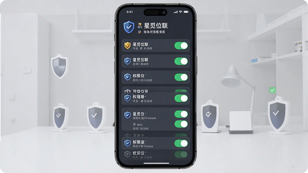 星觅位联 隐私权限管理页面 主体为手机屏幕上的权限开关列表 布局为纵向列表 排版清晰 风格安全稳重 细节包含盾牌图标和绿色对勾 画质高清 干净 无多余元素
