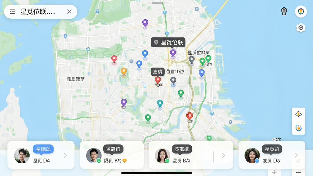 星觅位联 多设备位置共享地图界面 主体为地图上多个彩色定位点 布局为全屏地图加底部成员卡片 排版上下结构 风格清爽现代 细节包含头像气泡和距离标注 画质清晰 干净 无多余元素