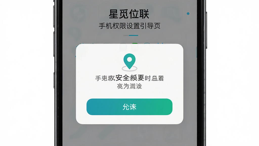 星觅位联 手机权限设置引导页 主体为手机屏幕上的权限授权弹窗 布局居中 排版简洁 风格安全提示 细节包含位置图标和允许按钮 画质高清 干净 无多余元素