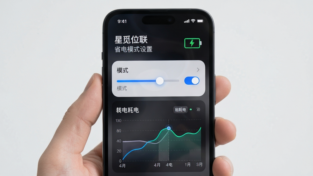 星觅位联 省电模式设置界面 主体为手机设置选项与电量图标 布局为上下分栏 排版简洁 风格轻量科技 细节包含模式切换滑块和耗电曲线 画质清晰 干净 无多余元素