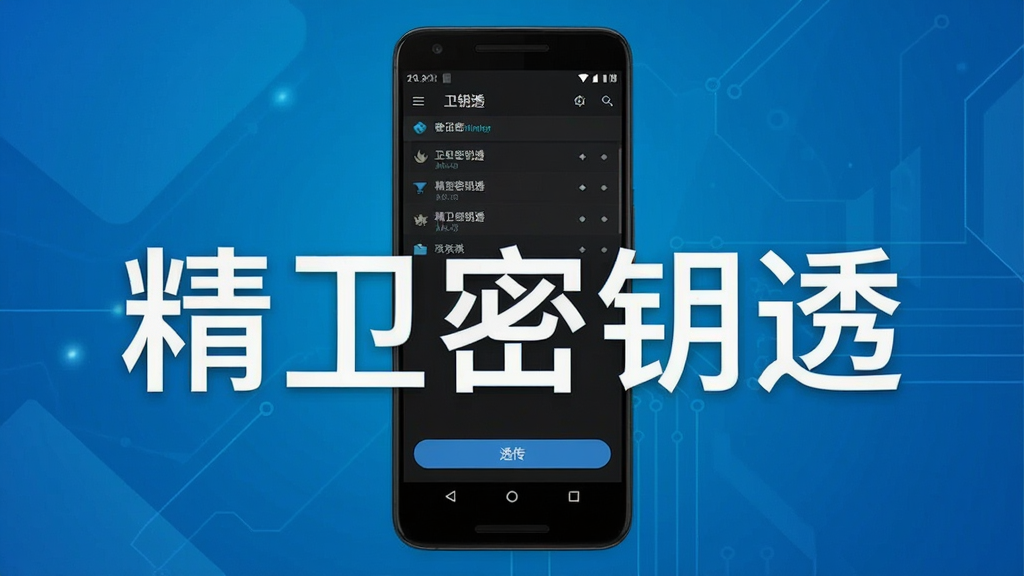 一张展示精卫密钥透软件主界面的手机截图风格图片,画面中央是一部安卓手机,屏幕上显示精卫密钥透的深色主题界面,界面中包含密钥列表和透传按钮,背景为简洁的科技蓝渐变风格,排版居中,细节清晰,画质干净,无多余元素,图片中文字标注“精卫密钥透”