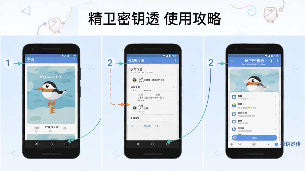 一张展示精卫密钥透在安卓手机上操作步骤的示意图,画面分为三个步骤依次展示安装、权限设置和密钥透传界面,布局为横向排列,风格为简洁明快的扁平化设计,细节清晰,画质干净,图片中文字标注“精卫密钥透 使用攻略”