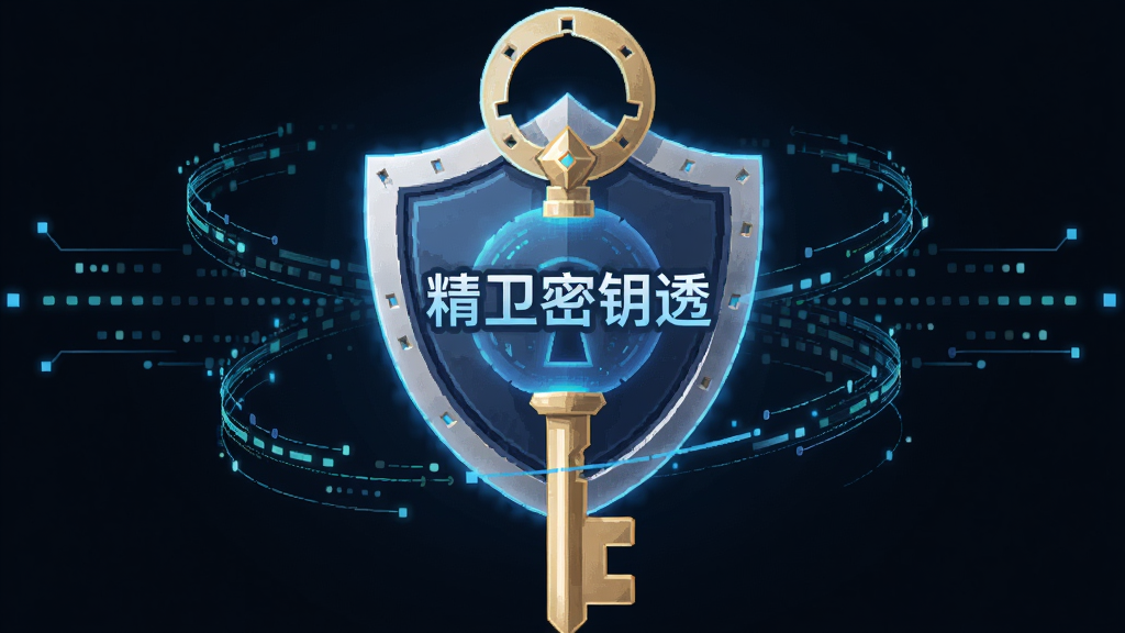 一张以“精卫密钥透”为主题的插画风格图片,画面主体是一个发光的盾牌与钥匙组合图标,盾牌中央显示“精卫密钥透”字样,周围环绕着数据流线条,布局居中对称,风格为科技感扁平插画,细节精致,画质高清,干净无多余元素