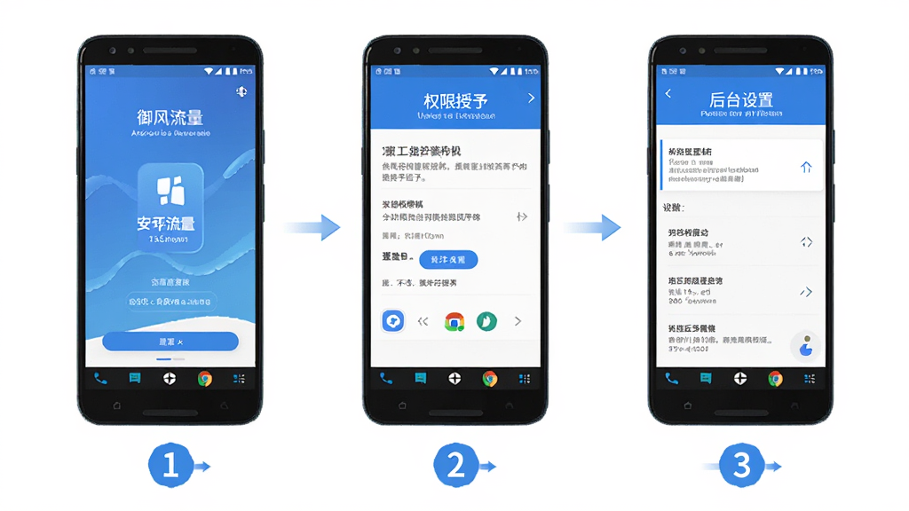 一张展示御风流量宝在安卓手机上安装与权限设置流程的示意图,主体为三部手机并排展示,分别显示安装界面、权限授予界面、后台设置界面,布局为横向排列,风格为教程步骤图,细节上每部手机下方有步骤序号,配色为蓝色系,背景为干净白色,画质高清,无多余元素