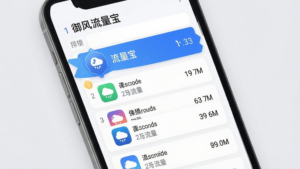 一张御风流量宝应用流量排行功能的界面图,主体为手机屏幕,屏幕内显示应用流量消耗排行榜列表,每个应用配有图标和流量数值,布局为垂直列表,风格为清爽卡片式设计,细节上排名前三有特殊标识,配色为白底配蓝色强调,背景为浅灰,画质高清,干净,无多余元素