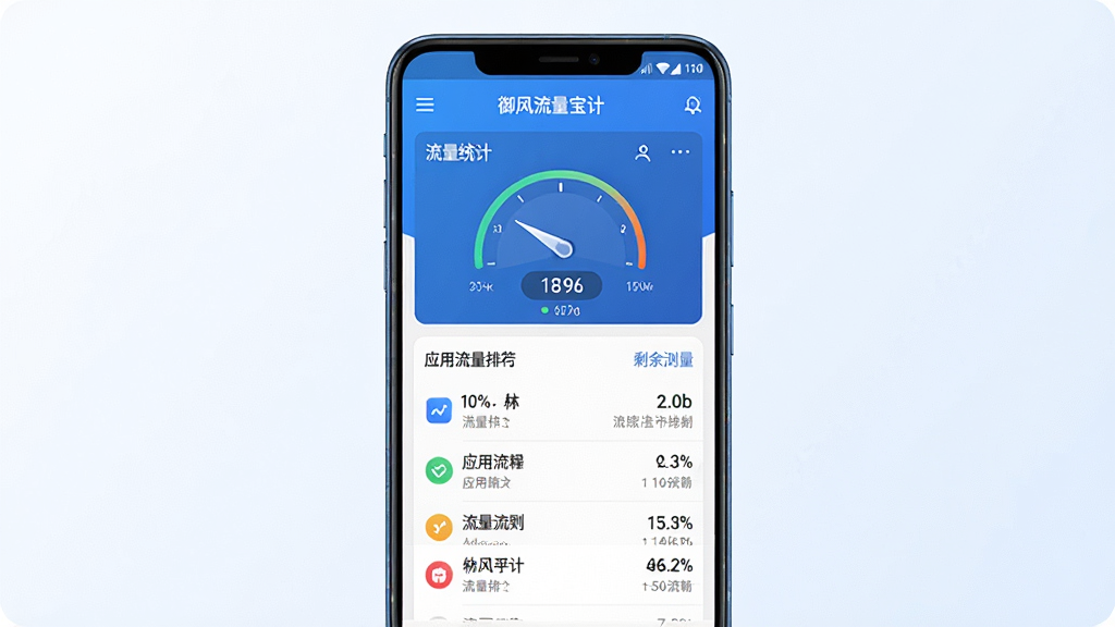 一张展示御风流量宝软件界面的手机预览图,主体为一部竖屏安卓手机,屏幕内显示御风流量宝主界面,包含流量统计仪表盘、应用流量排行列表、剩余流量数字等元素,布局居中,排版整齐,风格为现代简约科技风,细节上手机边缘有轻微反光,界面配色以蓝白为主,背景为干净的浅色渐变,画质高清,干净,无多余元素