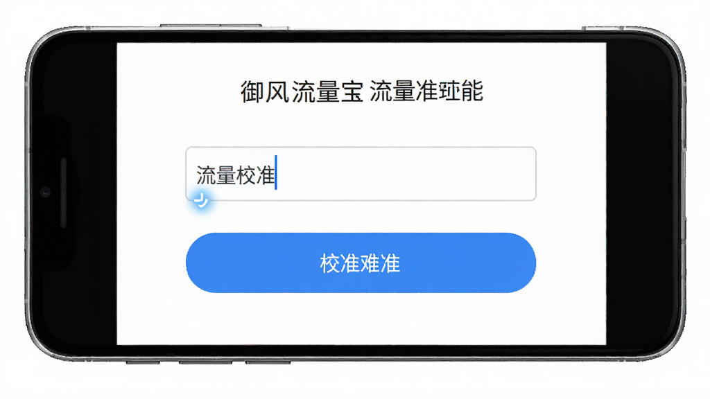 一张御风流量宝流量校准功能的界面图,主体为手机屏幕,屏幕内显示流量校准输入框和校准按钮,布局为居中表单样式,风格为简洁工具类界面,细节上输入框有光标闪烁,按钮为蓝色圆角,背景为白色,画质高清,干净,无多余元素