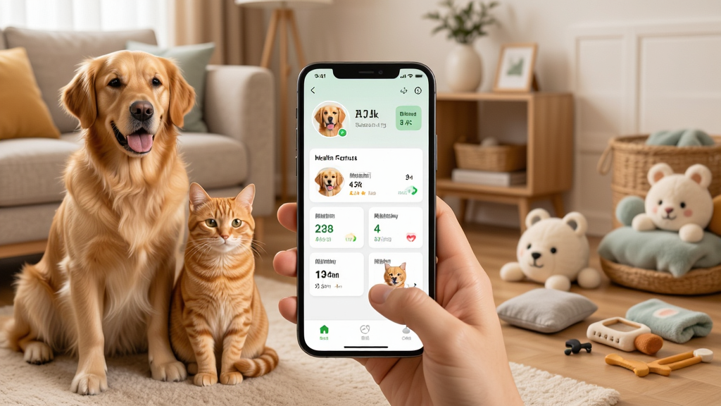 一只金毛犬和一只橘猫坐在温馨客厅中,主人手持手机打开宠物家长应用界面,画面布局为左中右三分法,左侧宠物、中间手机屏幕、右侧宠物用品,排版简洁现代,风格温暖写实,细节包括手机屏幕上显示宠物头像和健康数据卡片,画质高清,干净无多余元素